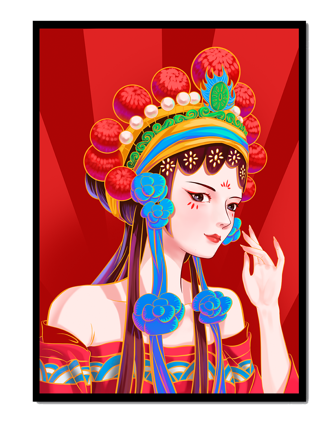 Traditional Asian art depicting stylized woman with ornate headdress