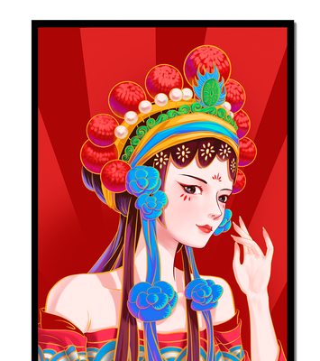 Traditional Asian art depicting stylized woman with ornate headdress