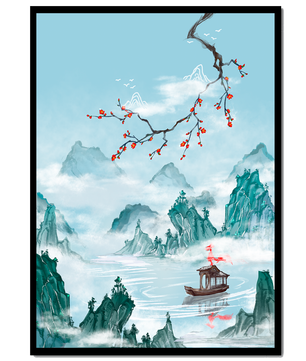 Chinese Landscape with Cherry Blossoms and Boat in Misty Mountains - Mi tienda