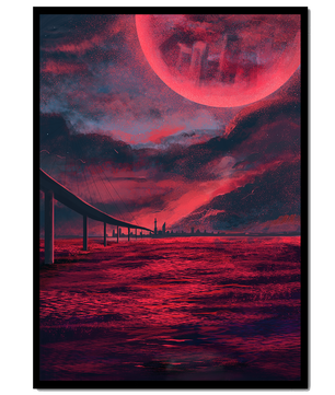 Surreal Scarlet Landscape with Bridge and Celestial Body