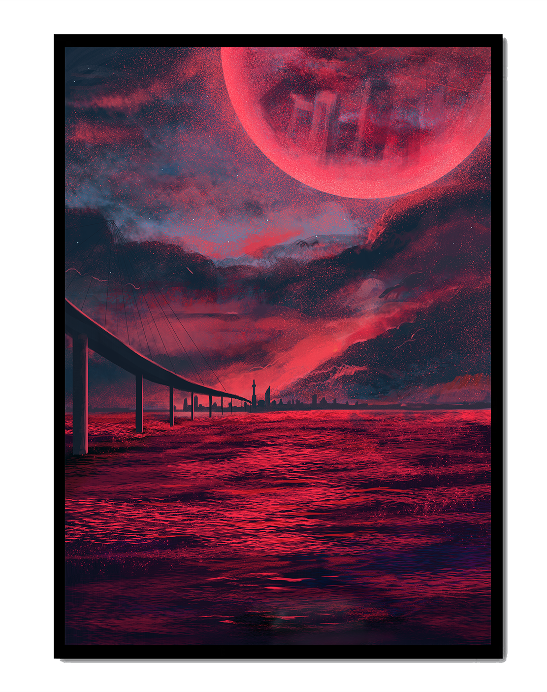 Surreal Scarlet Landscape with Bridge and Celestial Body