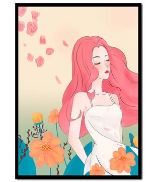 Illustration of a serene woman in a floral dress with flowing red hair