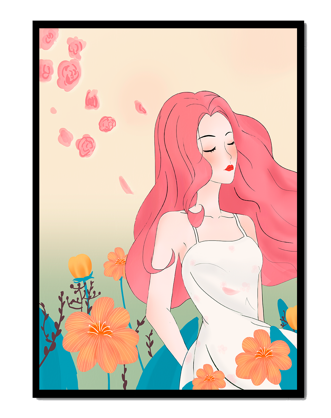 Illustration of a serene woman in a floral dress with flowing red hair