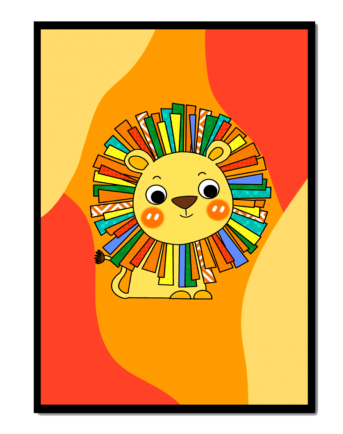 Colorful cartoon lion illustration with vibrant mane on abstract background