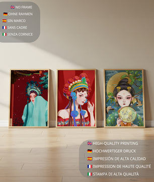 Tríptico de Retratos Femeninos en Estilo Asiático con Elementos Dorados