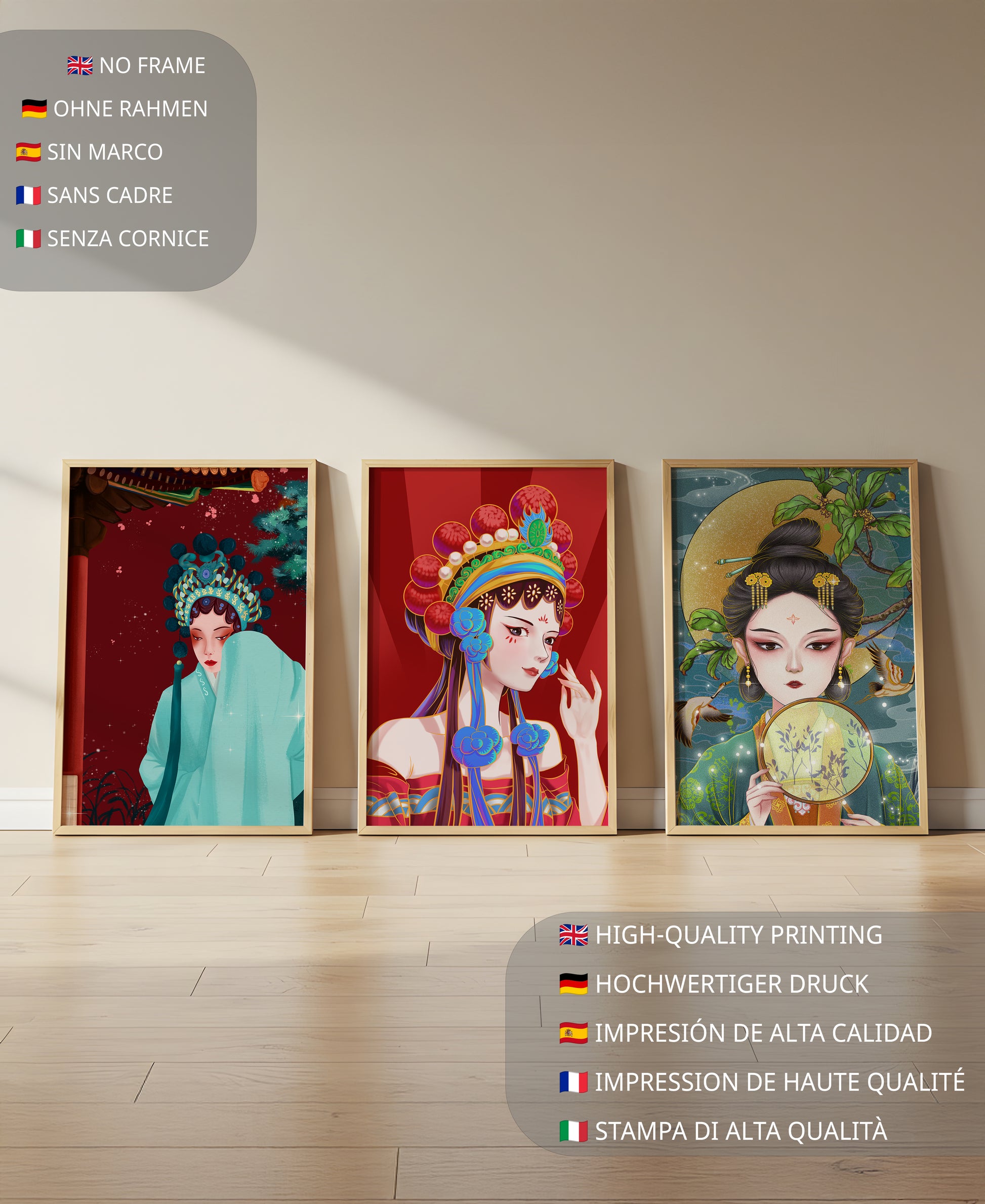 Tríptico de Retratos Femeninos en Estilo Asiático con Elementos Dorados