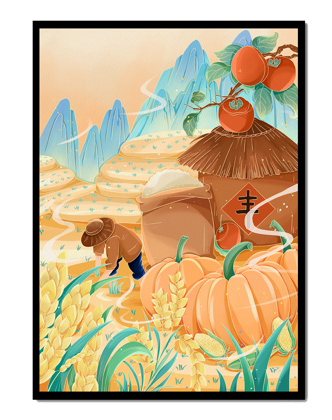 Pastoral landscape with pumpkins and farmer in rice fields