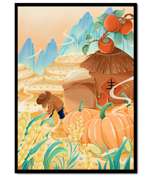 Pastoral landscape with pumpkins and farmer in rice fields