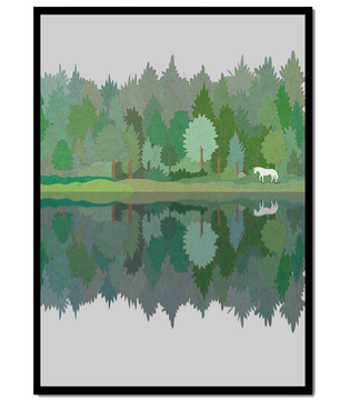 Forest landscape with a white horse and reflection in a tranquil pond