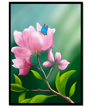 Zarte rosa Blume mit einem leuchtend blauen Schmetterling in einer ruhigen Gartenumgebung