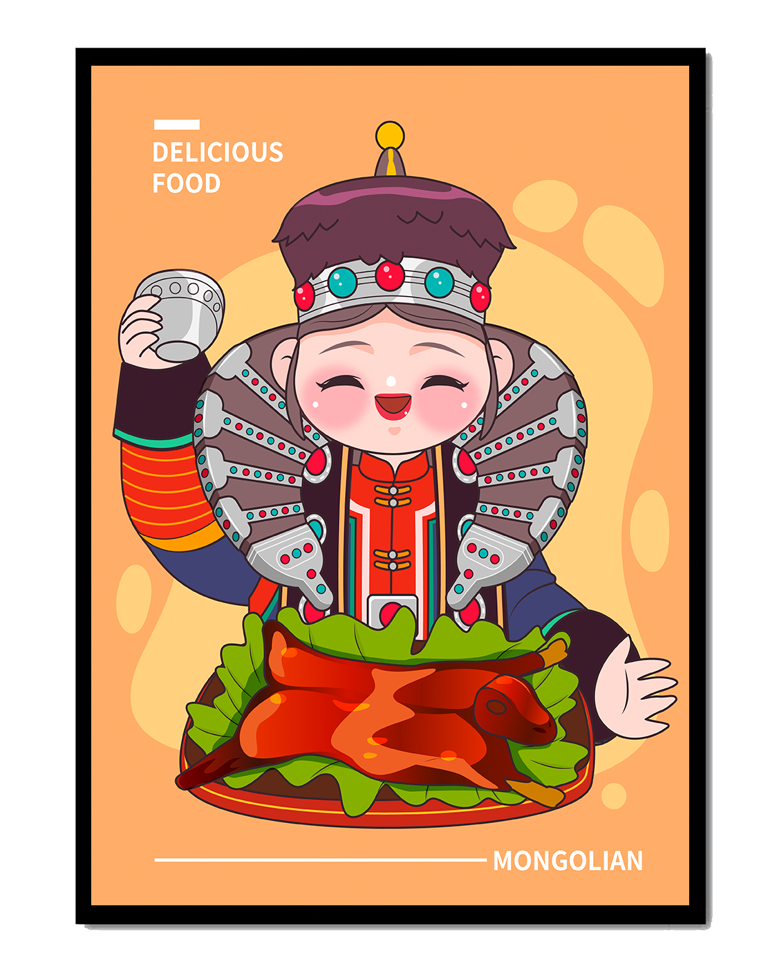 Cartoon character in traditional Mongolian attire with food