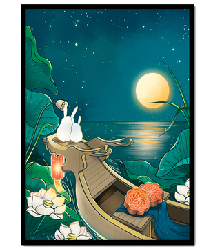 Ilustración serena de conejos contemplando una luna brillante sobre un lago tranquilo