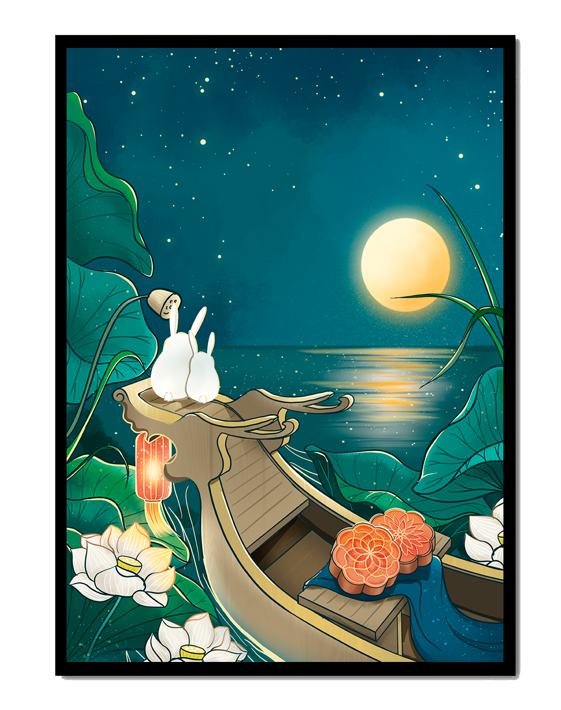 Serene illustration of rabbits gazing at a bright moon on a tranquil lake