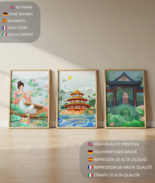 Triptyque d'illustrations orientales dans des intérieurs modernes