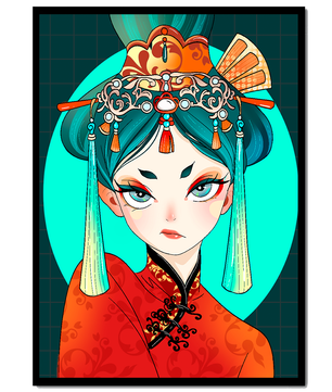 Elegant illustration of a woman in traditional attire with intricate headpiece