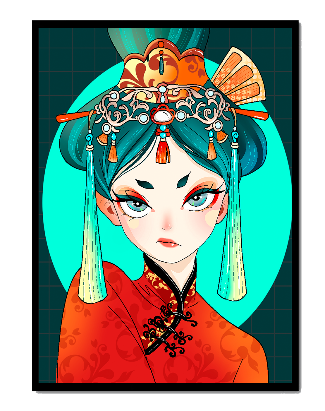 Elegant illustration of a woman in traditional attire with intricate headpiece