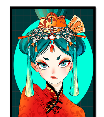Elegant illustration of a woman in traditional attire with intricate headpiece
