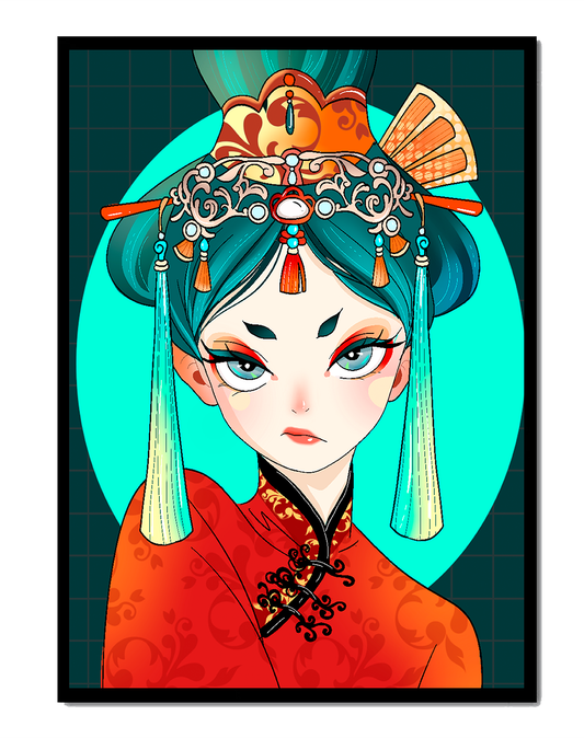 Elegant illustration of a woman in traditional attire with intricate headpiece