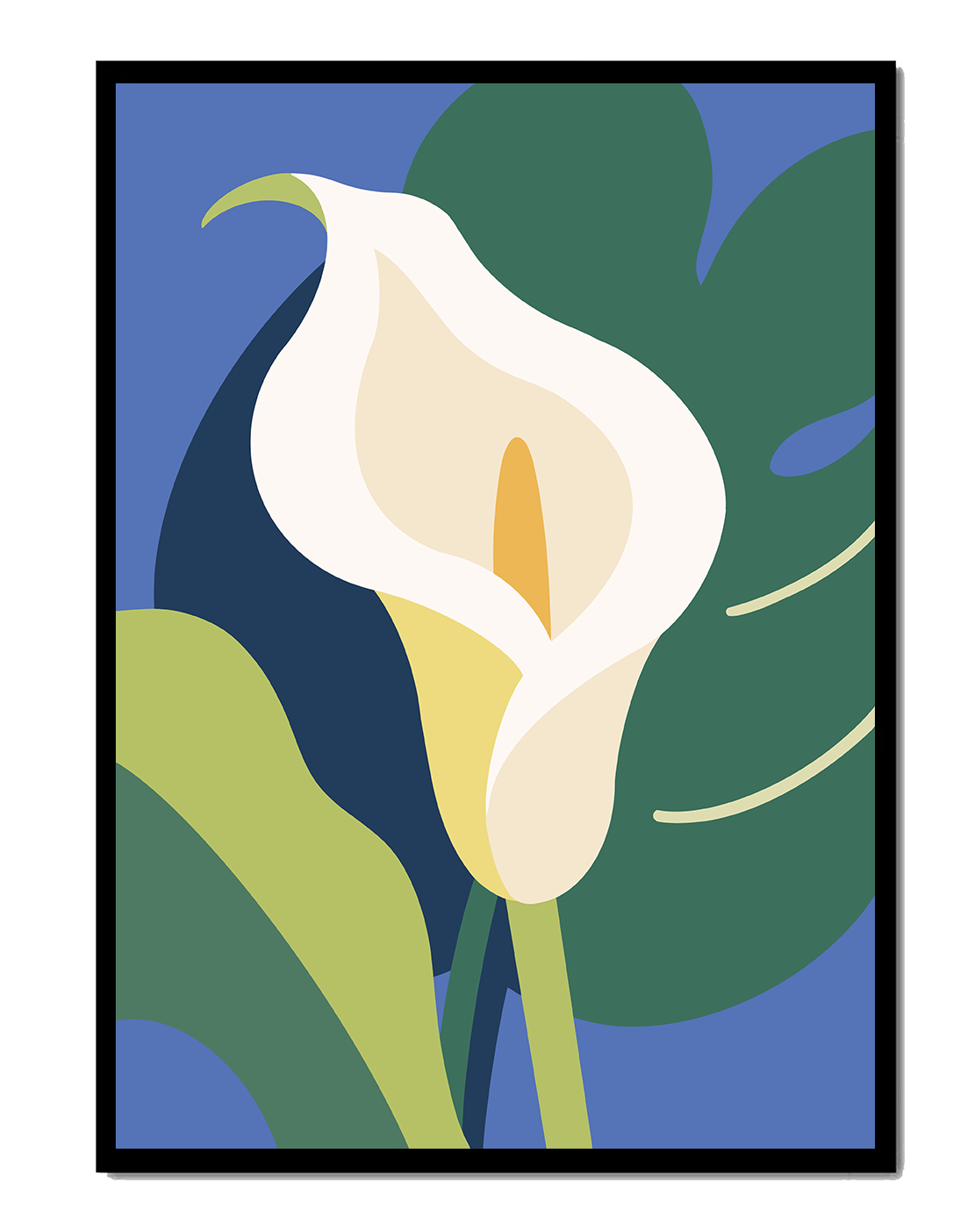 Ilustración floral abstracta con fondo verde y azul