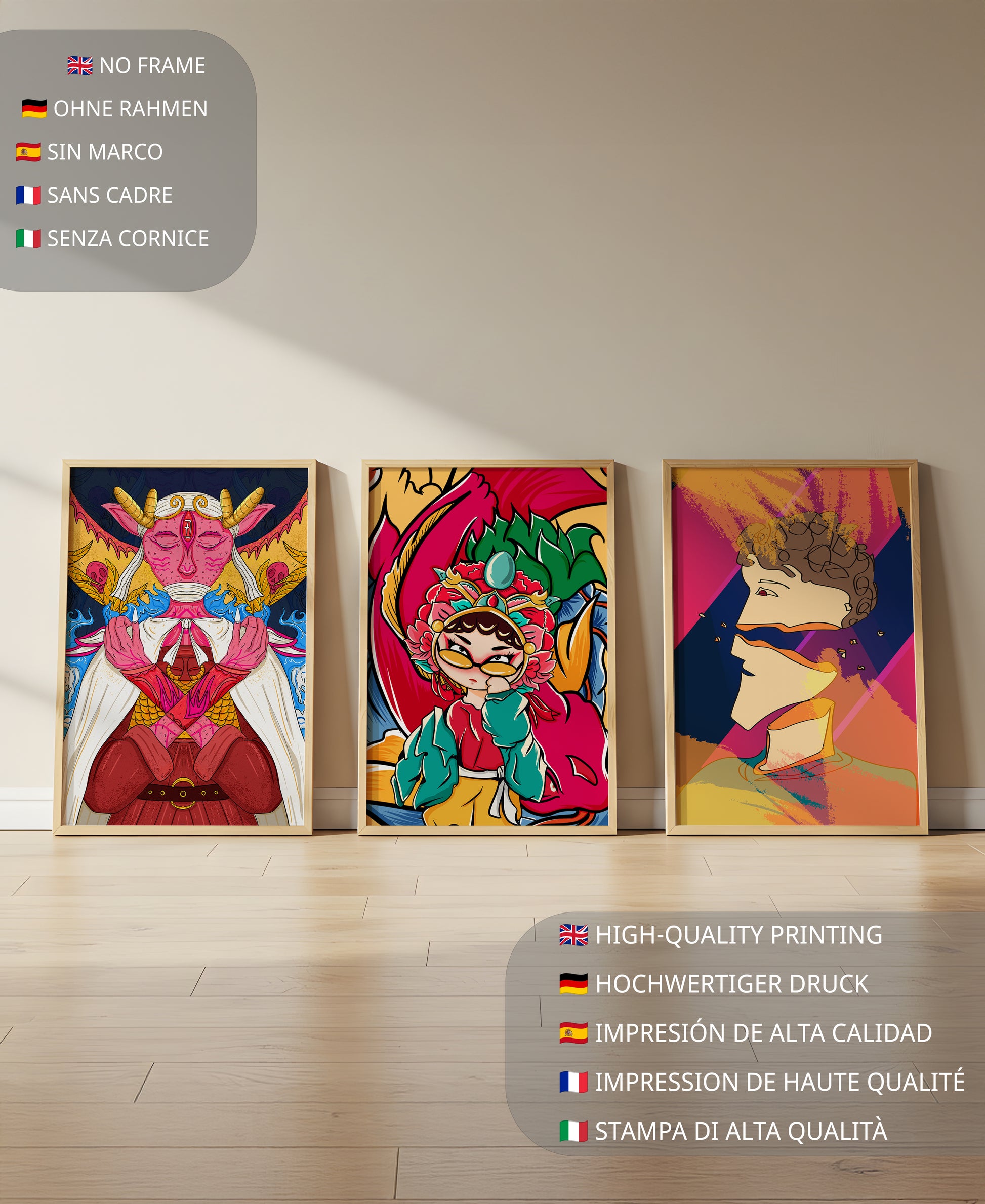 Conjunto de Tres Obras de Arte Pop sin Marco