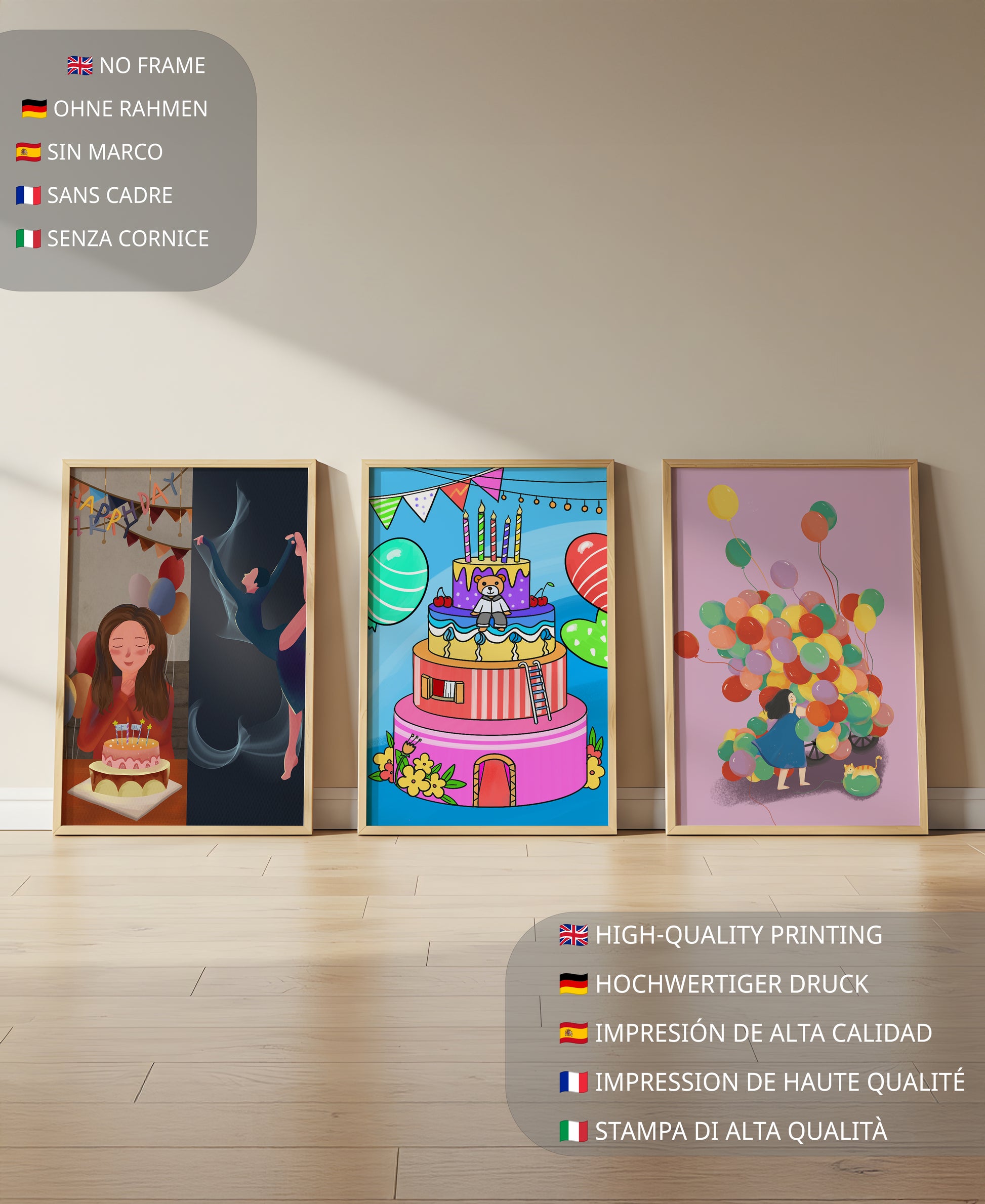 Images de célébration d'anniversaire avec gâteaux et ballons sans cadre