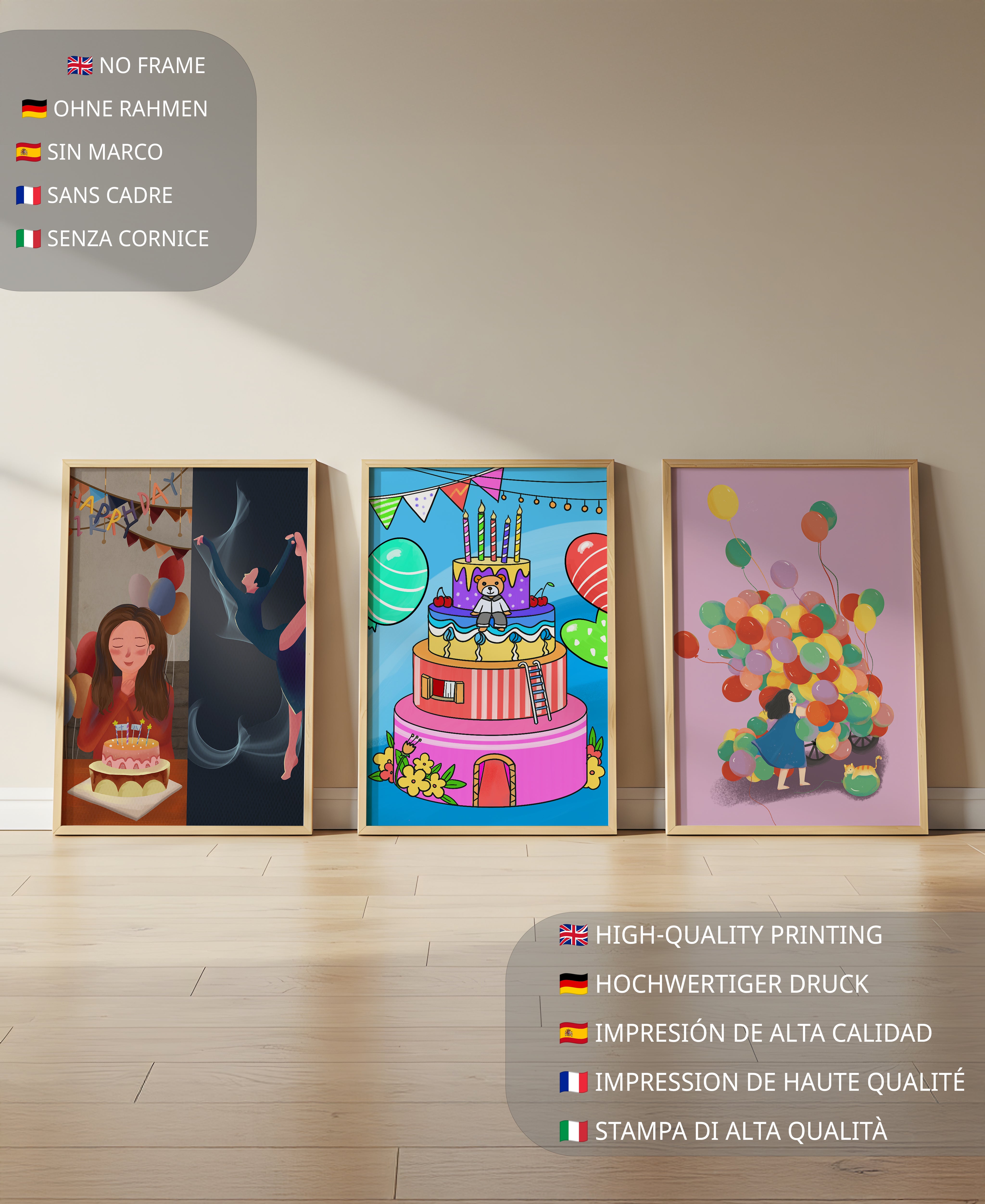 Images de célébration d'anniversaire avec gâteaux et ballons sans cadre