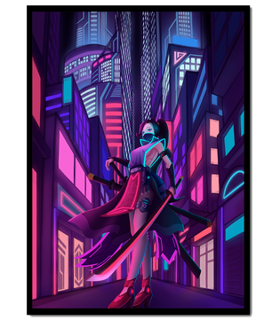 Paisaje urbano futurista de cibercpunk con una protagonista femenina y luces de neón