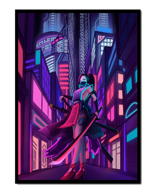 Futuristic cyberpunk cityscape with a female character and neon lights