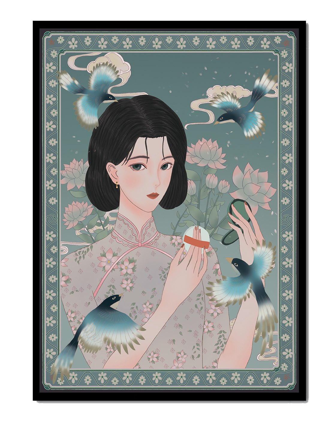 Elegant woman in floral kimono surrounded by birds and lotus flowers