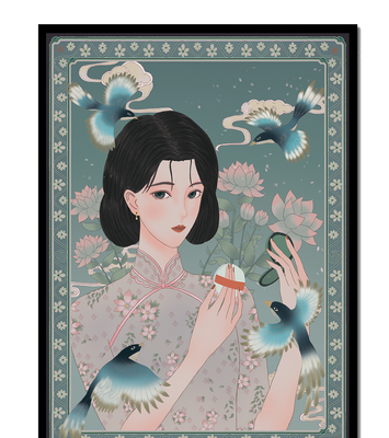 Elegant woman in floral kimono surrounded by birds and lotus flowers
