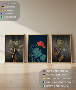 Impressions artistiques de fleurs de lotus sur fond sombre avec détails dorés