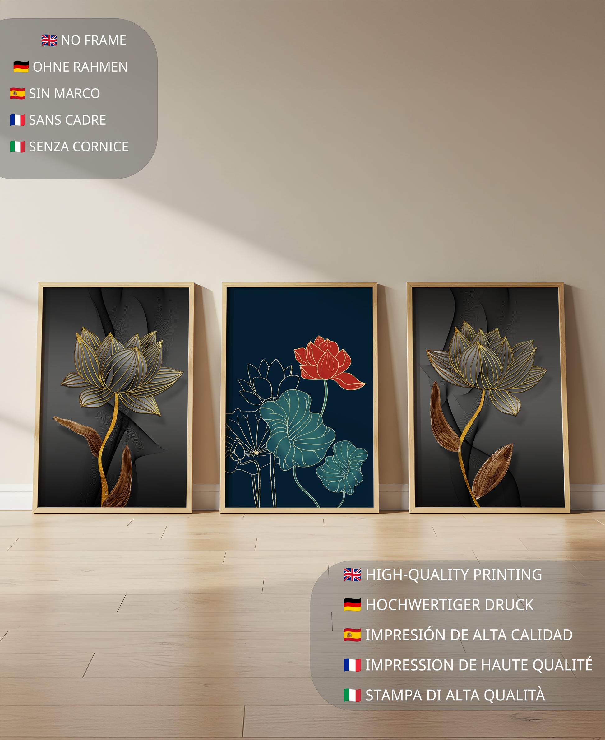 Impressions artistiques de fleurs de lotus sur fond sombre avec détails dorés