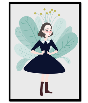 Ilustración de una chica caprichosa con hojas y elementos florales