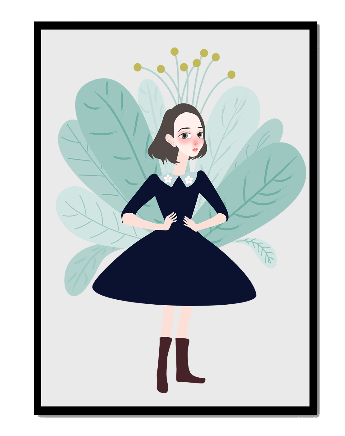 Illustration of a whimsical girl with leaves and floral elements