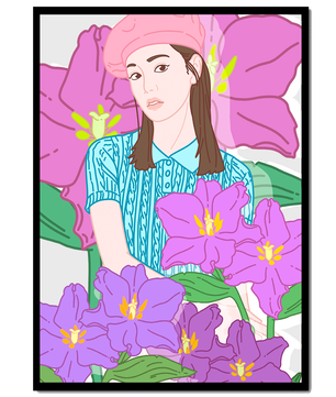Jeune femme au béret rose avec illustration de fleurs violettes