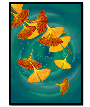Blätter des Ginkgo-Stylings auf einem türkisfarbenen Hintergrund schweben