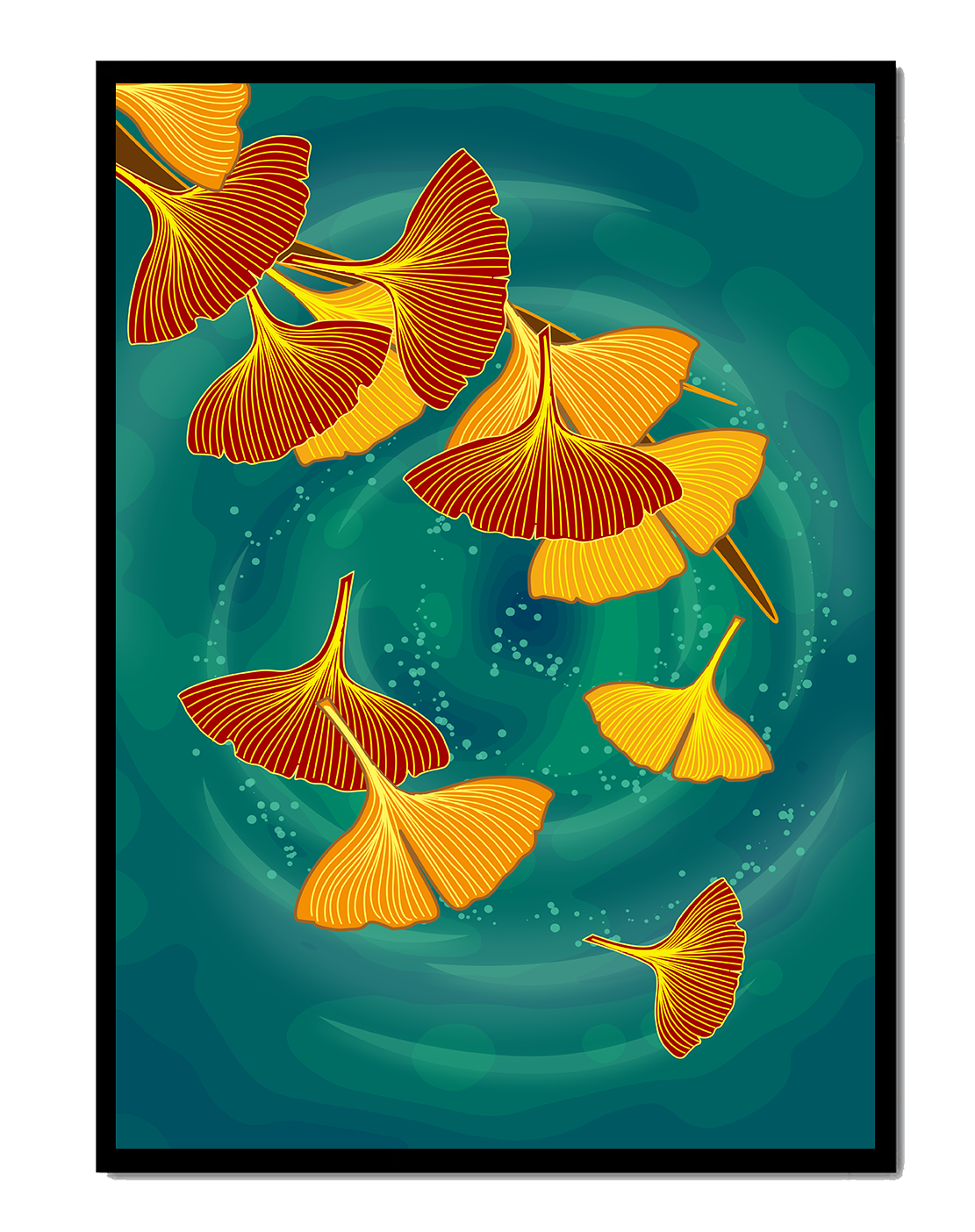 Stylized Ginkgo Leaves Floating on a Turquoise Background