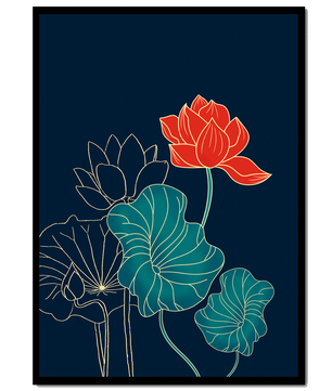 Elegant Floral Illustration with Vibrant Lotus and Gold Outlines on Dark Background
