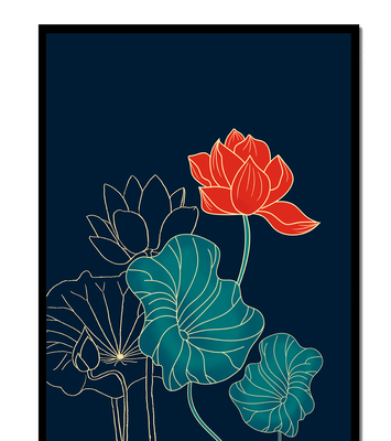 Elegant Floral Illustration with Vibrant Lotus and Gold Outlines on Dark Background