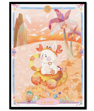 Charming Zodiac Cancer Illustration with Cartoon Bunny on a Beach