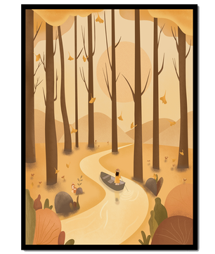 Serene autumn forest with river and boat in digital art scene