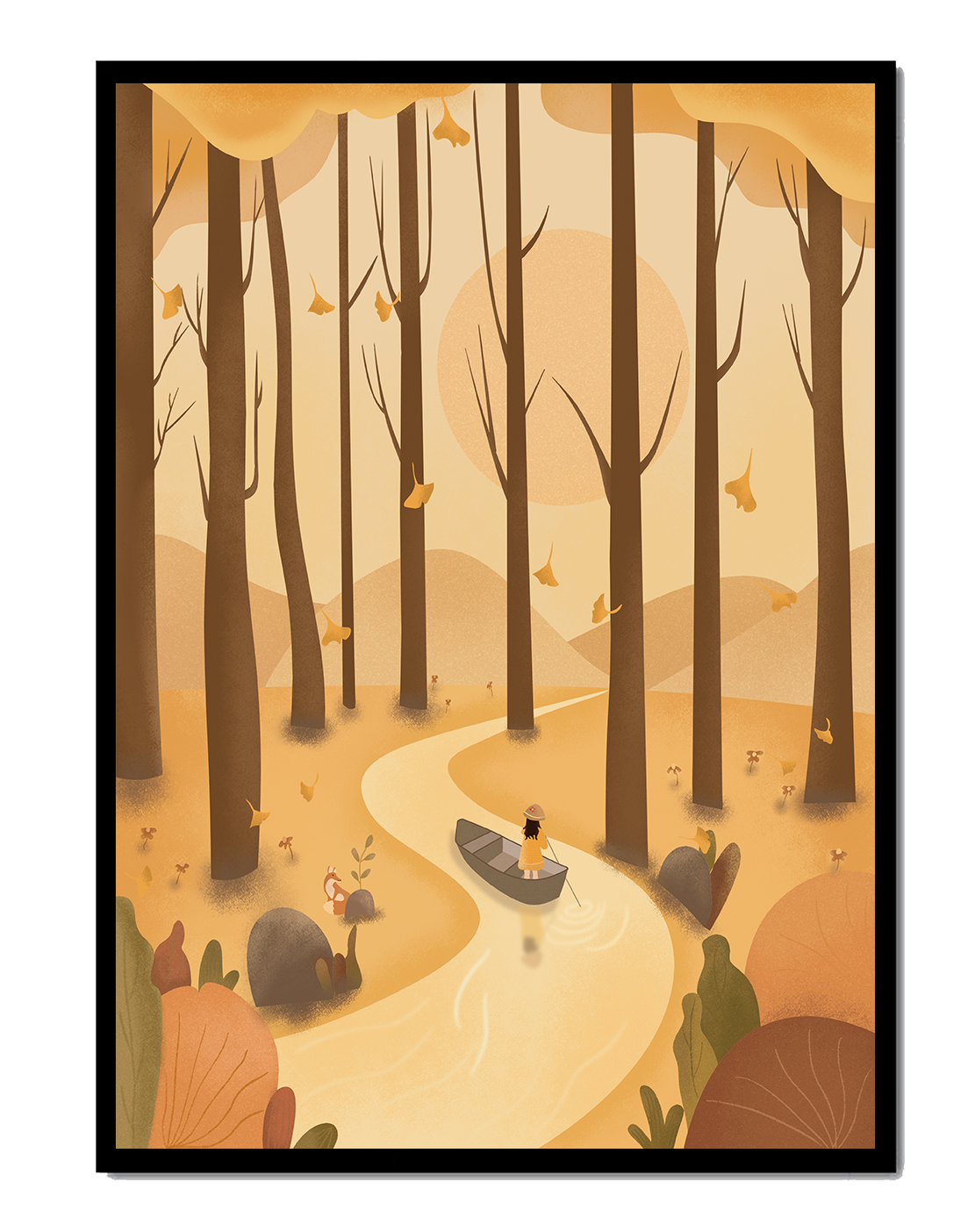 Serene autumn forest with river and boat in digital art scene
