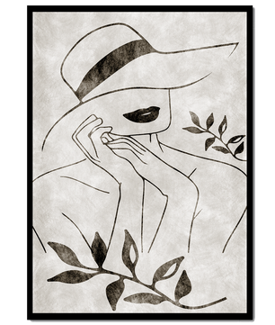 Abstract Woman in Hat with Minimalist Leaf Design