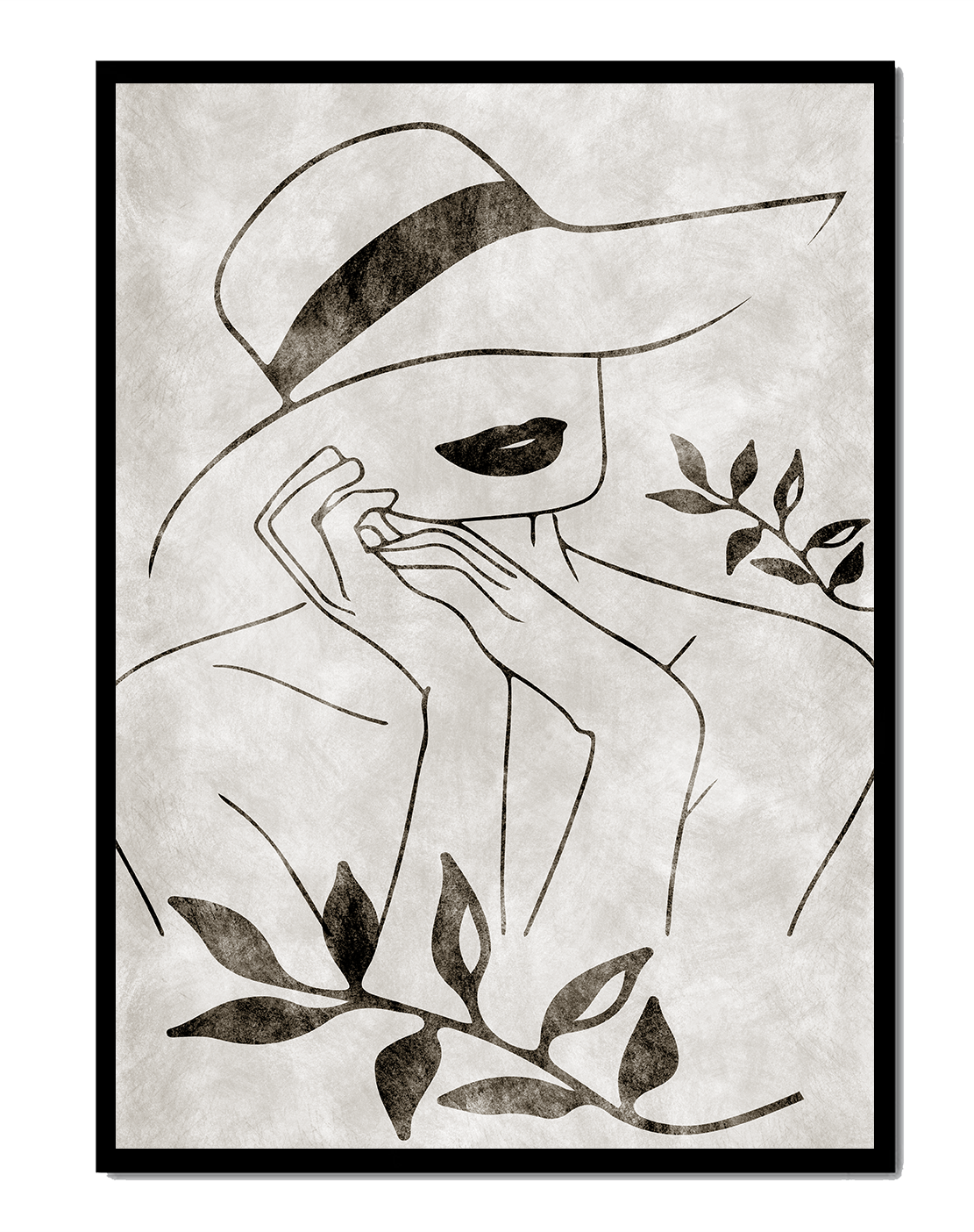 Abstract Woman in Hat with Minimalist Leaf Design