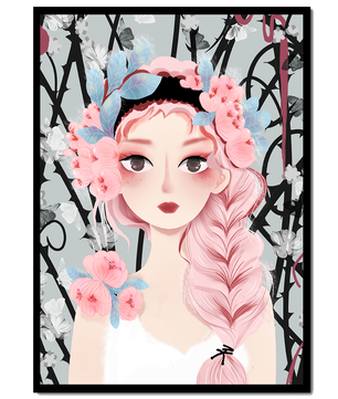 Ilustración caprichosa de una chica con cabello rosa y corona floral
