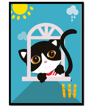 Charming black and white cat peeking through window under bright sun