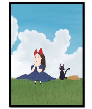Niña con lazo rojo y gato en un prado verde exuberante
