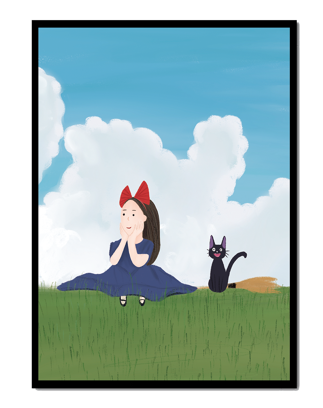 Girl with Red Bow and Cat in Lush Green Meadow