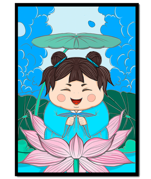 Whimsical illustration of a joyful child with lotus and umbrella