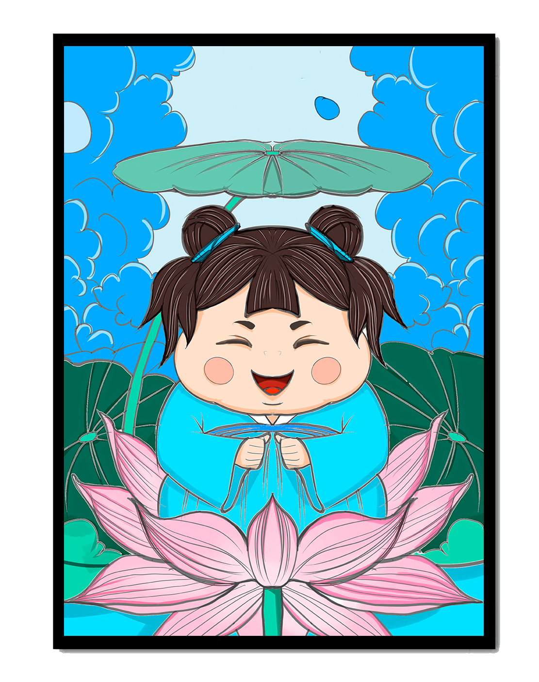 Whimsical illustration of a joyful child with lotus and umbrella
